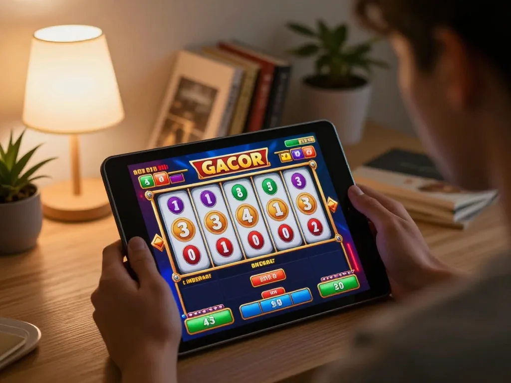 Player enjoying slot gacor on a tablet at home, showcasing interactive reels and vibrant interface.