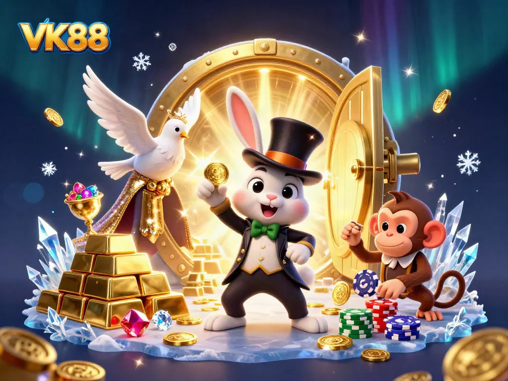 Engage with VK88's thrilling magic, featuring a rabbit, dove, and monkey in a vibrant casino scene.