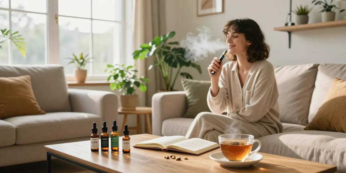 Relaxed user enjoying the cookies vape pen amidst natural wellness elements, including CBD products and houseplants.