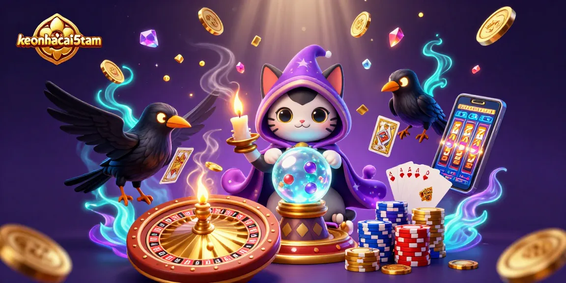 Engage in thrilling gameplay with keonhacai5nam, illustrated with a mystic cat, raven, and casino elements.