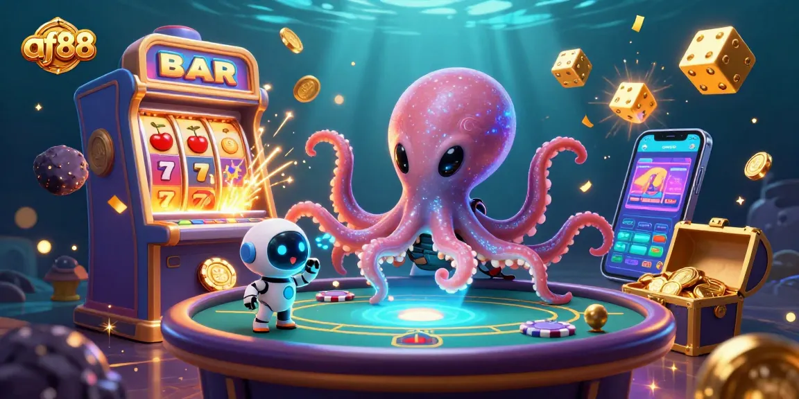 Experience thrilling gameplay at af88 with an exciting 3D casino scene showcasing vibrant slot machines and holographic poker elements.