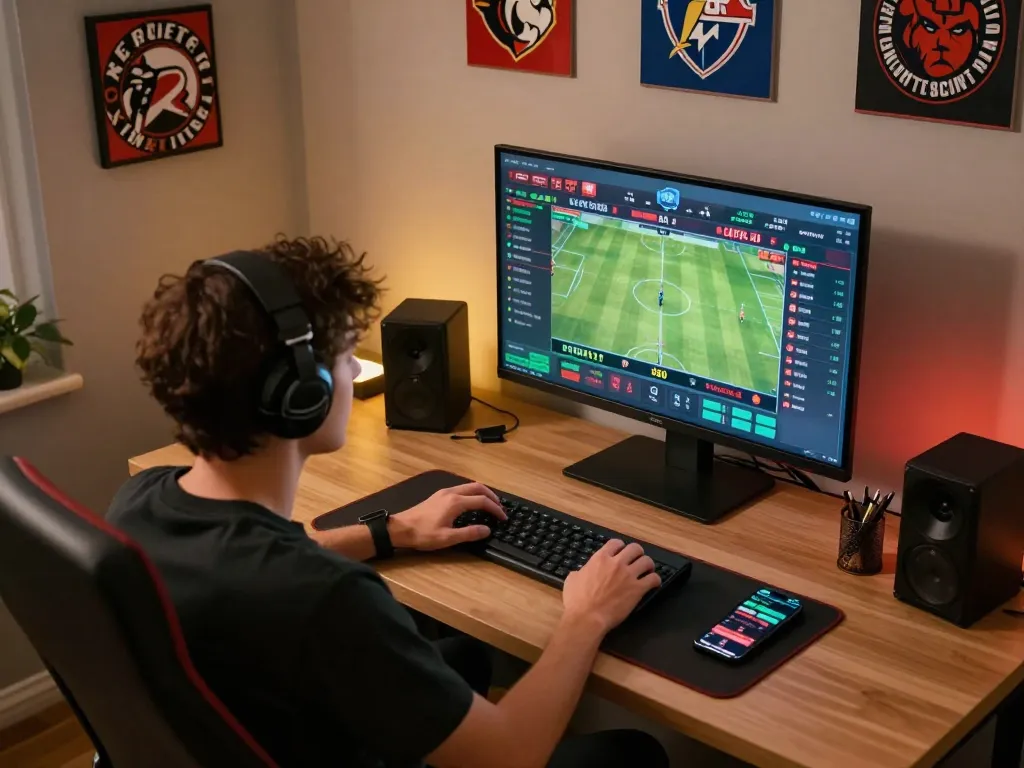 Engaging online sports betting scene showcasing the action of keo nha cai with the player actively analyzing live odds.