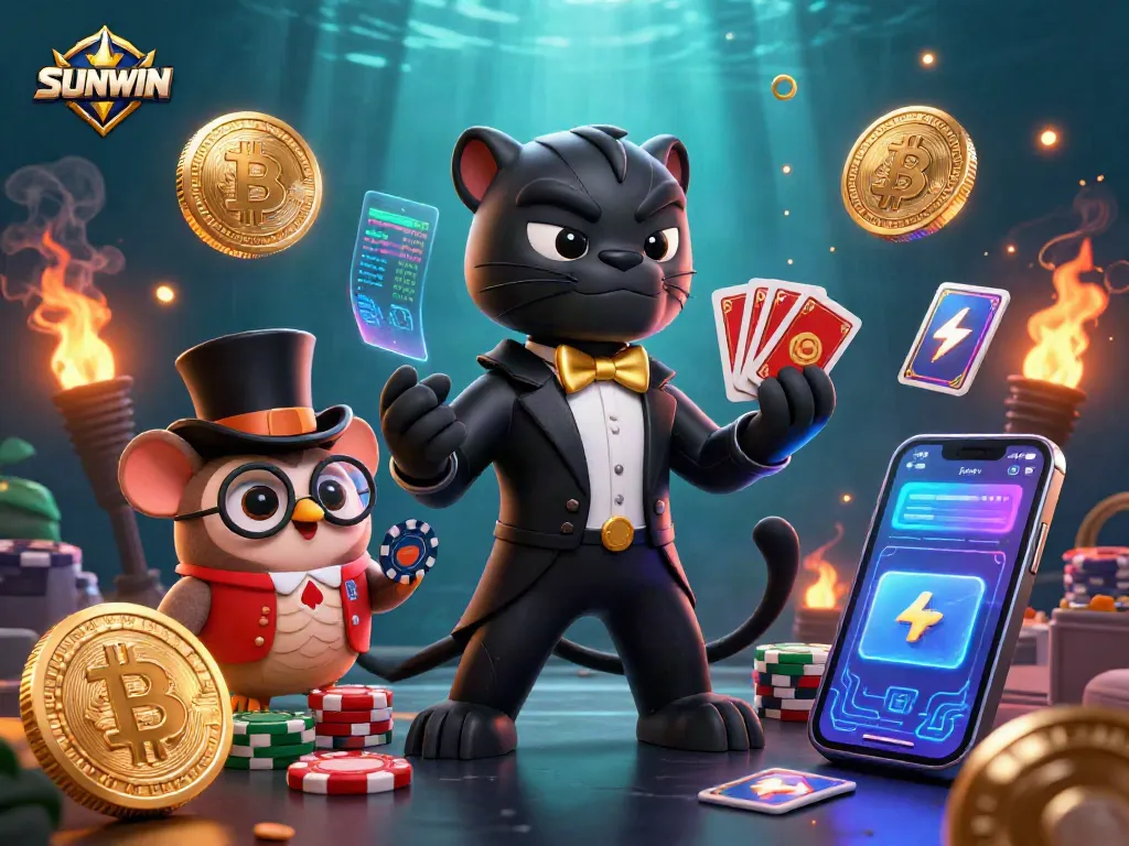 SUNWIN casino scene featuring a panther dealer with a tuxedo, an owl with poker chips, and a lucky mouse surrounded by Bitcoin and Ethereum.