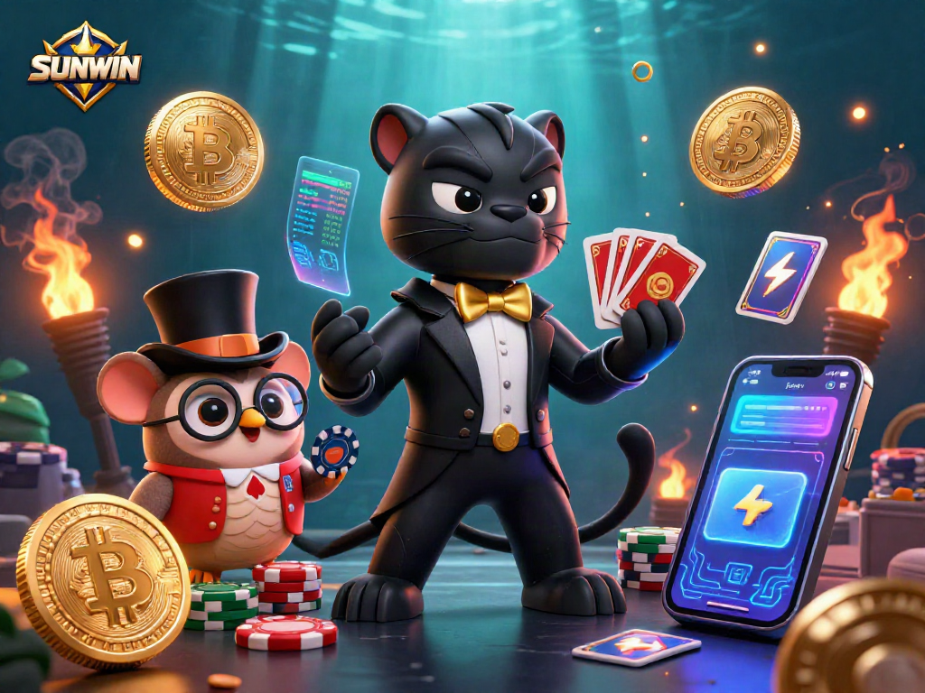 SUNWIN casino scene featuring a panther dealer with a tuxedo, an owl with poker chips, and a lucky mouse surrounded by Bitcoin and Ethereum.