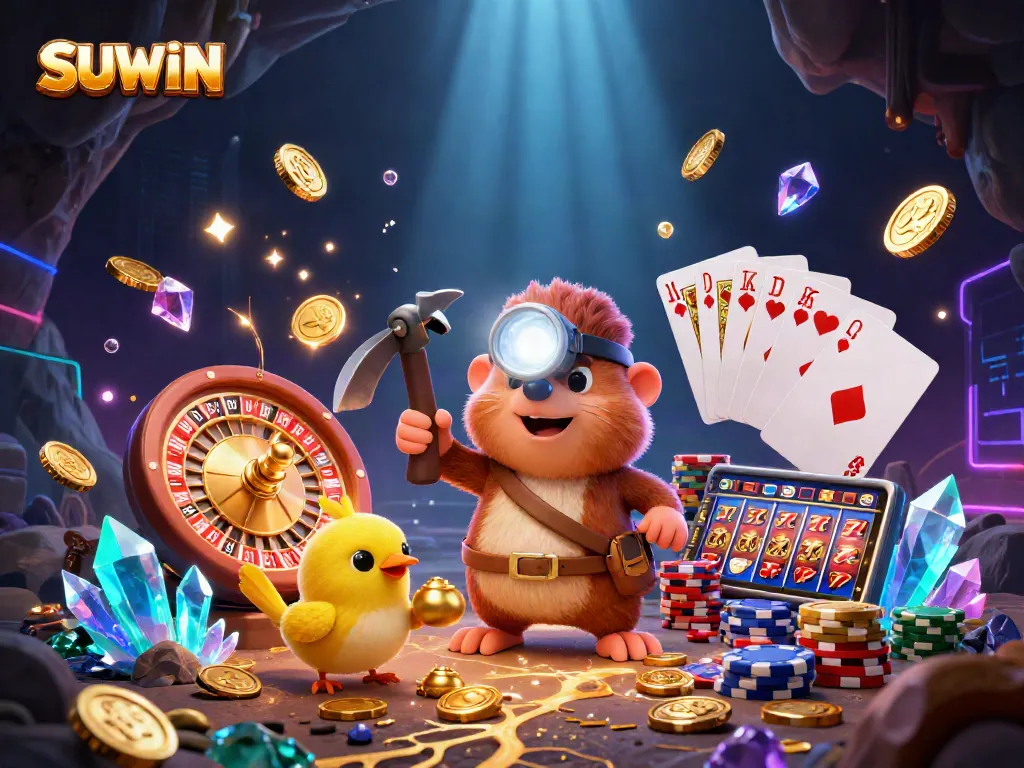 Suwin showcases a vibrant 3D casino scene with a hunting mole and golden treasures amidst cascading coins and roulette.