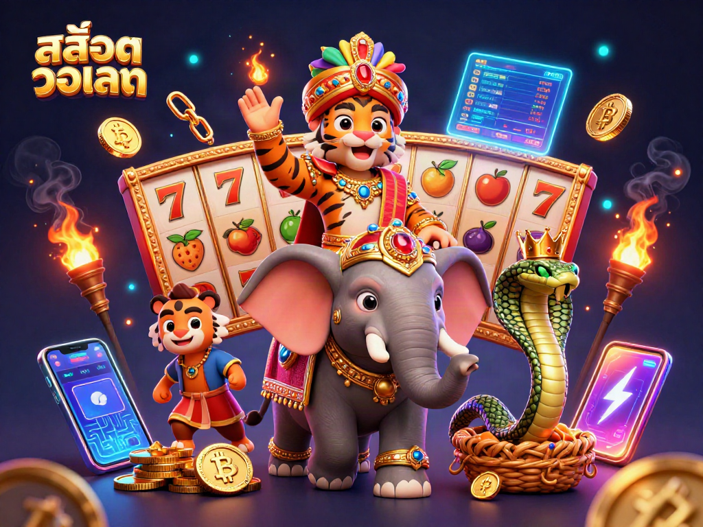 Engage with สล็อตวอเลท through vibrant casino elements featuring a maharaja tiger and jewel-encrusted symbols.