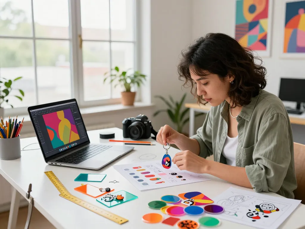 Creating custom keychain designs at a vibrant workspace, showcasing colorful materials and tools.