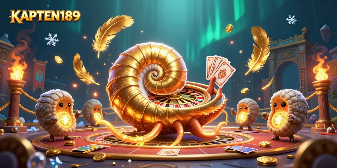 KAPTEN189 menampilkan nautilus raksasa yang berfungsi sebagai roda roulette dan kartu permainan dalam ilustrasi kasino.