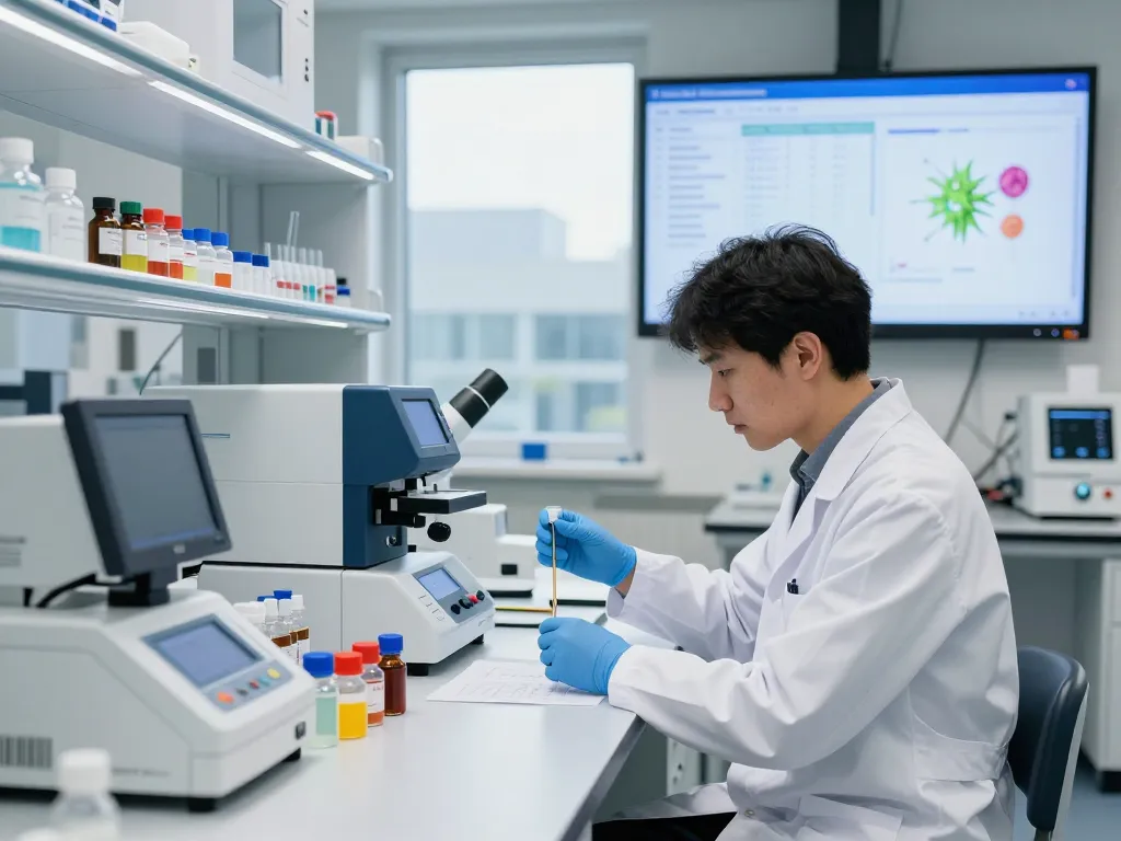 Inside a laboratory of an EU cannabinoid manufacturer, a scientist analyzes extracts with advanced equipment, emphasizing quality and compliance.
