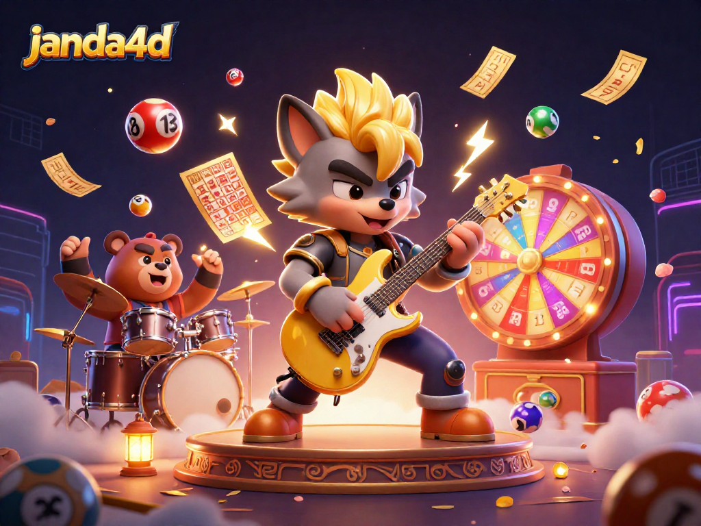 Merayakan janda4d dengan ilustrasi 3D atraktif, menggambarkan bintang rock serigala bermain gitar di panggung kasino.