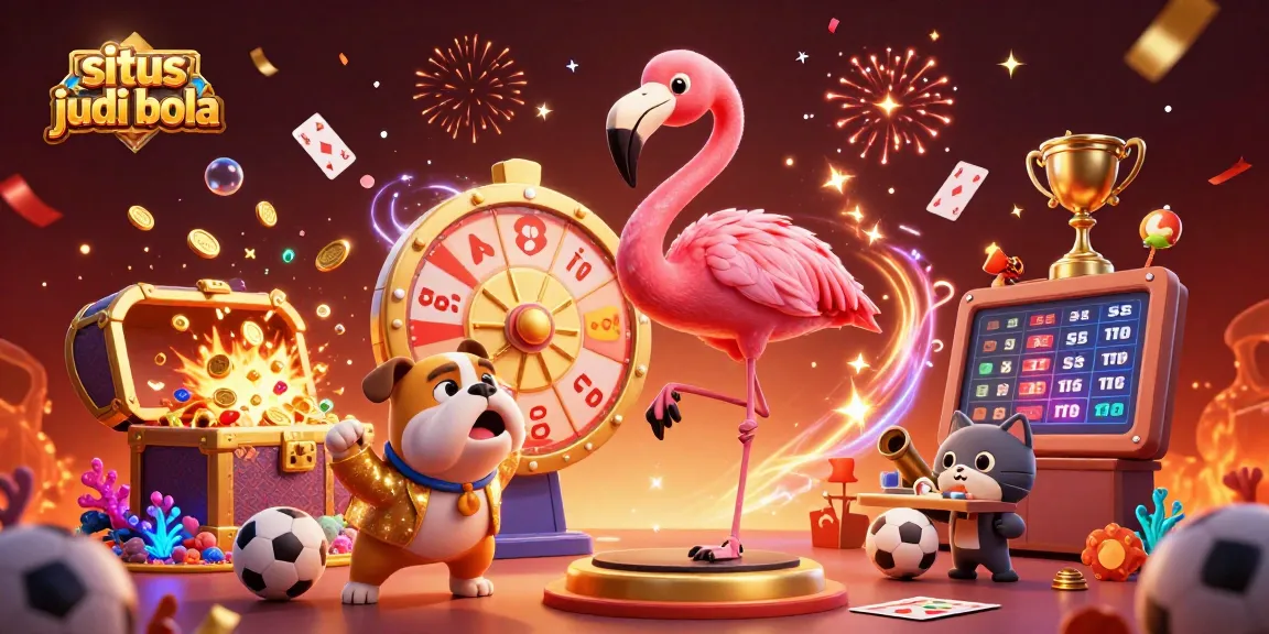 Situs judi bola scene showcasing a flamingo host, bulldog contestant, and cat assistant in a sports betting atmosphere.
