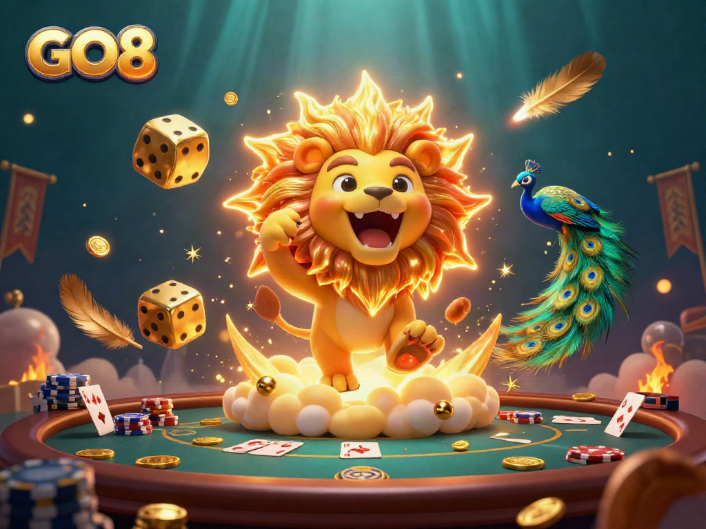 Engage in the thrilling GO8 poker night with the roaring sun lion and golden dice.