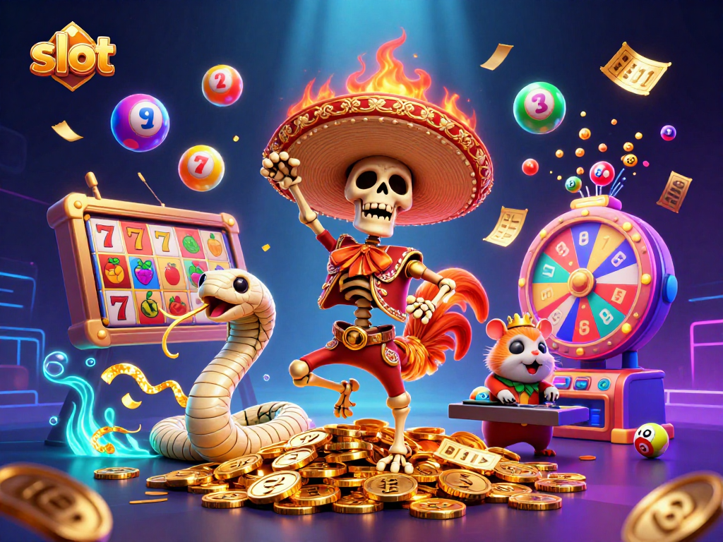 Engage in thrilling slot gameplay with a vibrant scene featuring a skeleton mariachi rooster and exciting game elements.