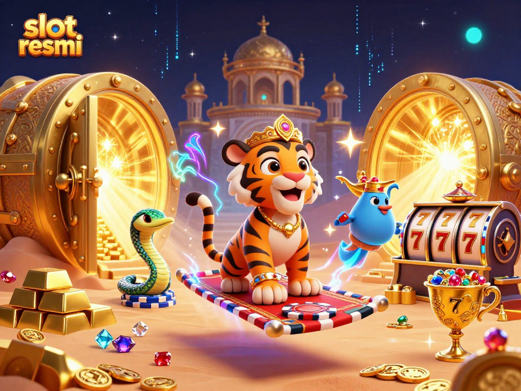 Experience the thrill of slot resmi with a vibrant Arabian Nights scene featuring a tiger sultan.