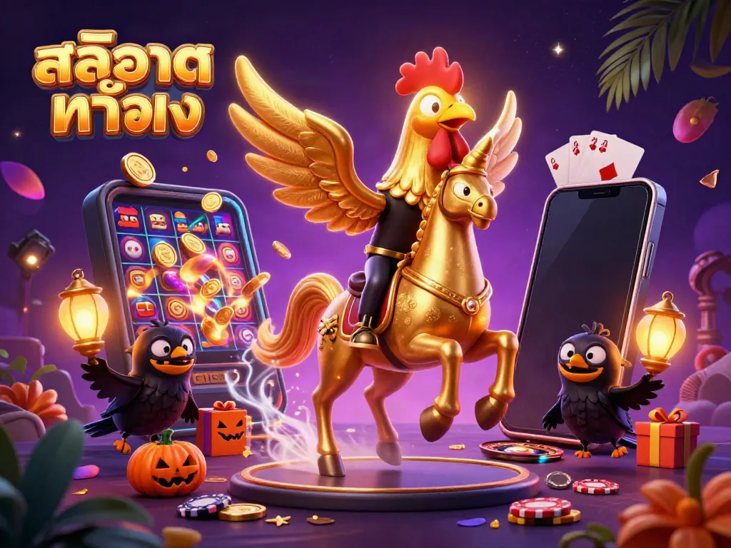 Experience the excitement of สล็อตแท้ตรง in a vibrant casino scene with golden rooster and gaming elements.