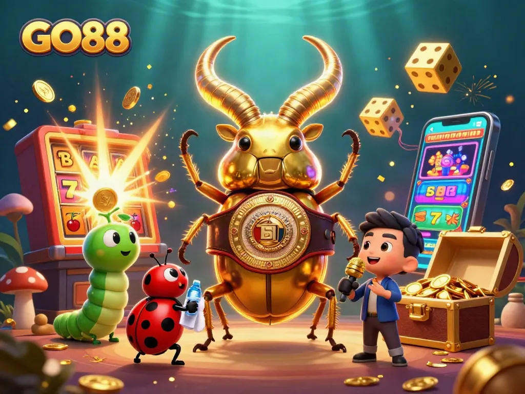 Experience the joy of winning at GO88 with a vibrant jackpot scene featuring unique animated characters and rich casino elements.