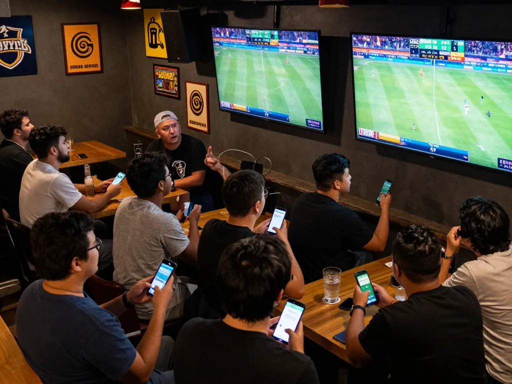 RR88 sports betting scene with excited fans placing live bets at a vibrant sports bar atmosphere.