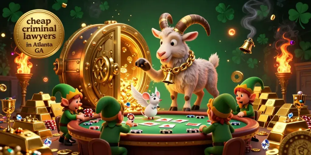 Engaging scene illustrating cheap criminal lawyers in Atlanta GA with festive characters in a cinematic casino atmosphere.