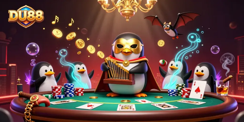 Experience DU88's thrilling casino action with a penguin playing an organ that shoots coins.