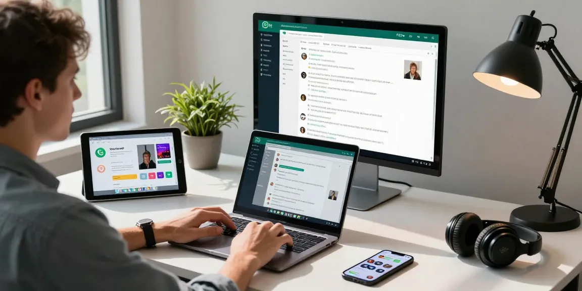 Using WhatsApp電腦版 on a laptop in a modern workspace with tech gadgets and natural light.