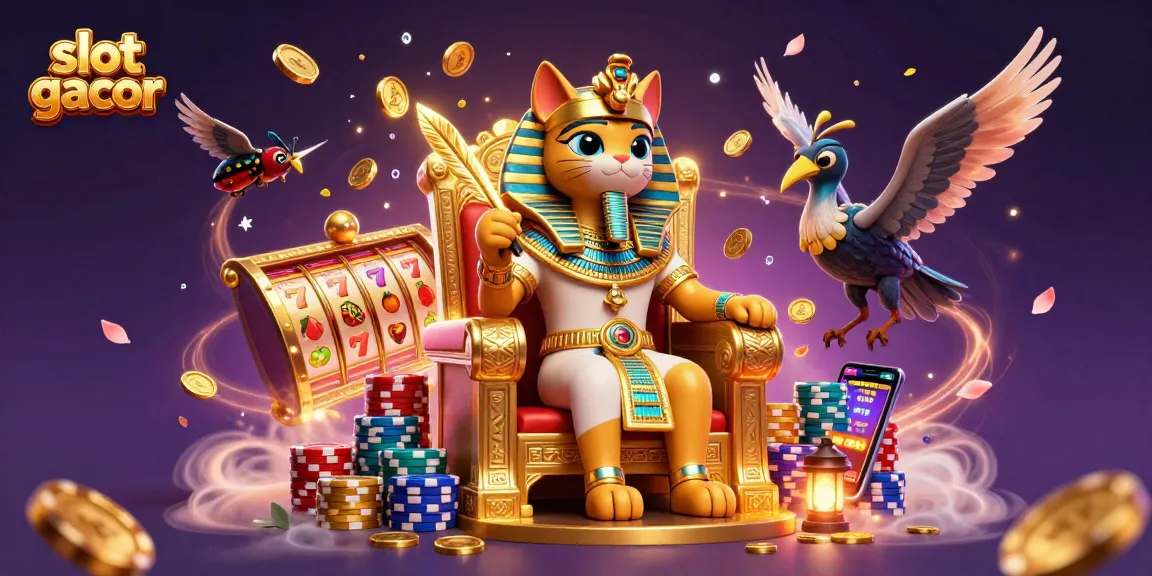 Experience slot gacor excitement with animated pharaoh cat and vibrant casino elements in a golden setting.