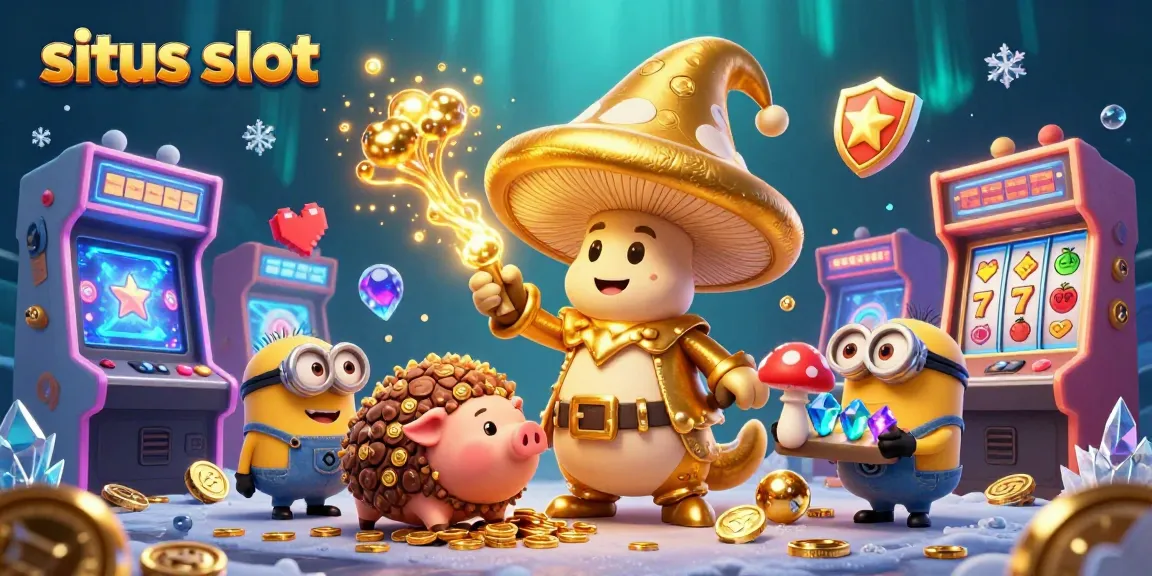 Engage with situs slot through a magical 3D illustration featuring treasure-seeking characters and vibrant casino elements.