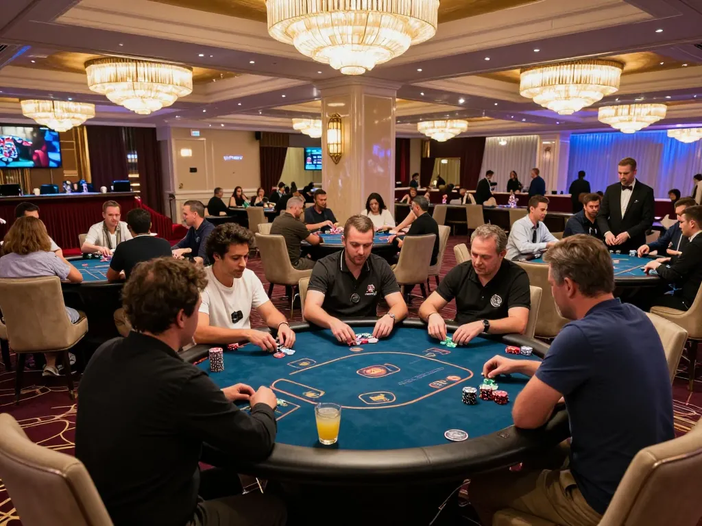 Players engaged in high-stakes poker at a luxurious VIP table in 32win's exclusive casino.