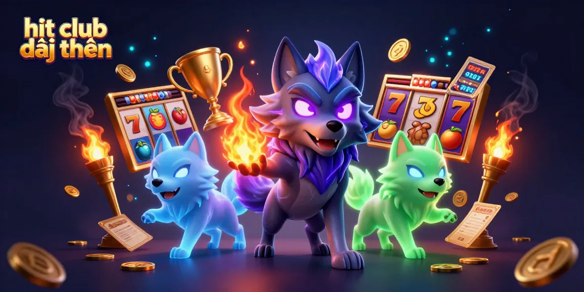 Engage with hit club đổi thưởng in a thrilling 3D casino illustration featuring dynamic slot game elements and cartoon wolves.