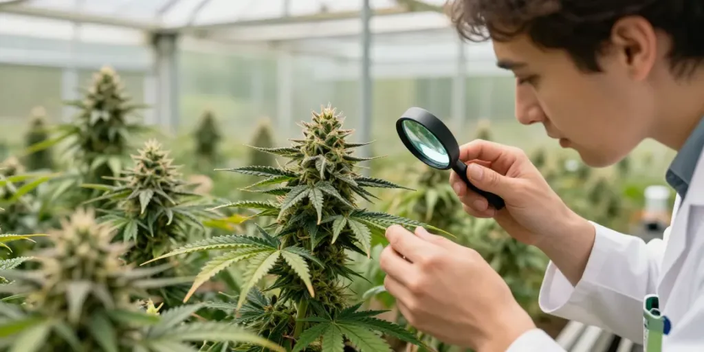 High THC weed buds in a sunlit greenhouse showing trichomes and vibrant growth.