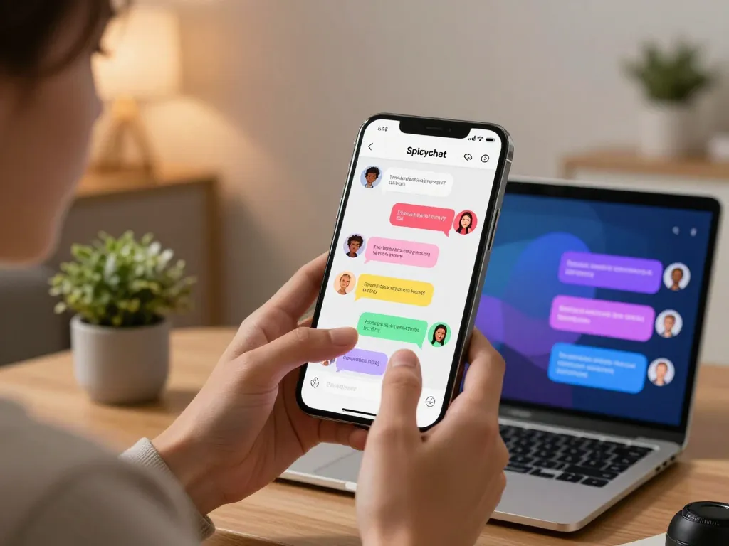 Engaging interaction with Spicychat AI chatbot on smartphone in a cozy setting.