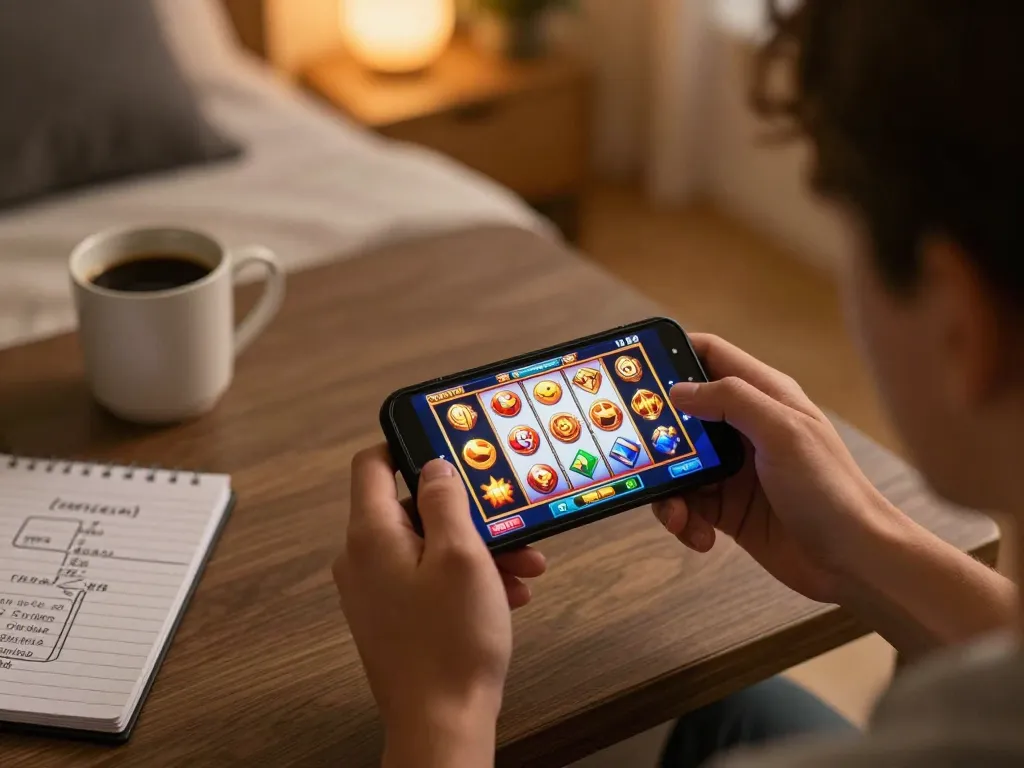 Engaging moment with slot depo 10 gameplay on smartphone, showcasing excitement of mobile gambling