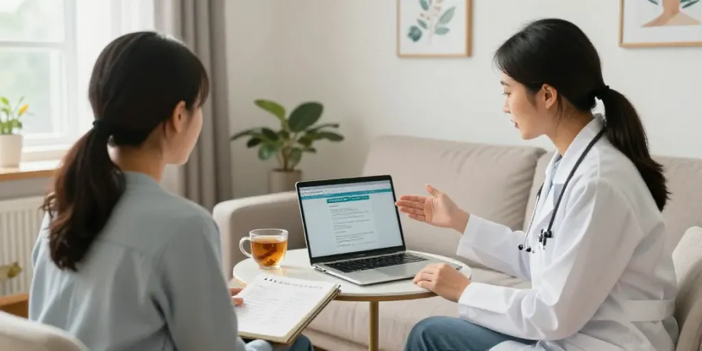 Consultation for MMJ card online service at home with a healthcare professional assisting a patient.