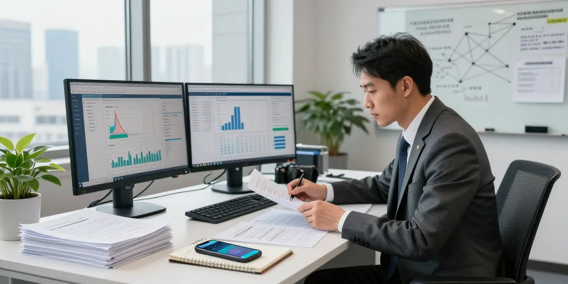 Detailed office scene of asset tracing investigation with financial documents, monitors, and office setup.