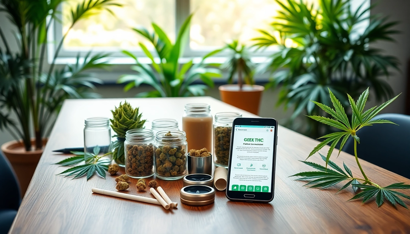 Showcase of GEEK THC cannabis products on a modern table with lush green plants.
