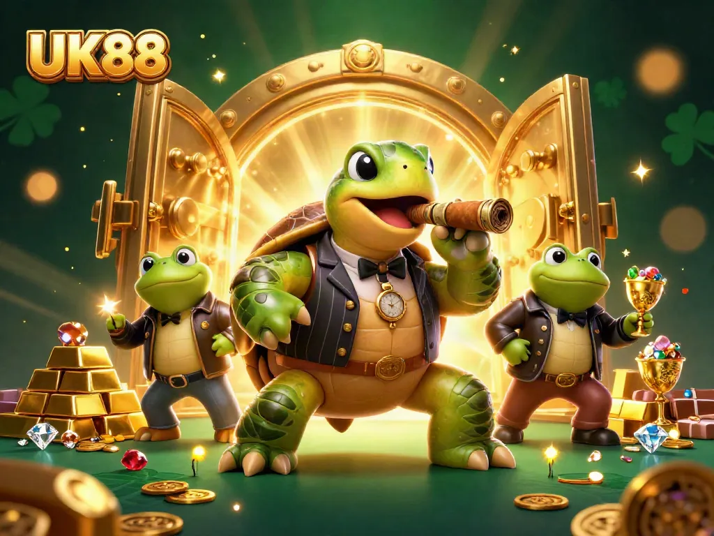 Engage in thrilling gaming at UK88 with a vibrant casino scene featuring unique characters and rich treasures.