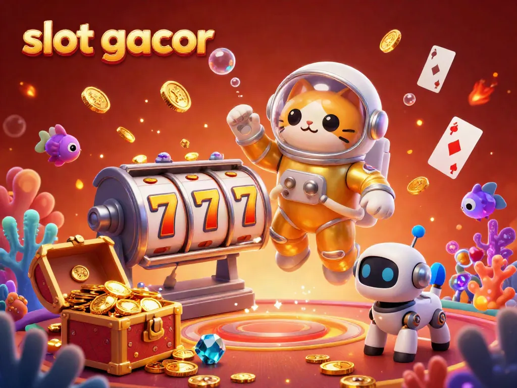 Slot gacor menampilkan kucing astronot mengambang di kasino dengan elemen permainan yang berkilauan dan harta karun.