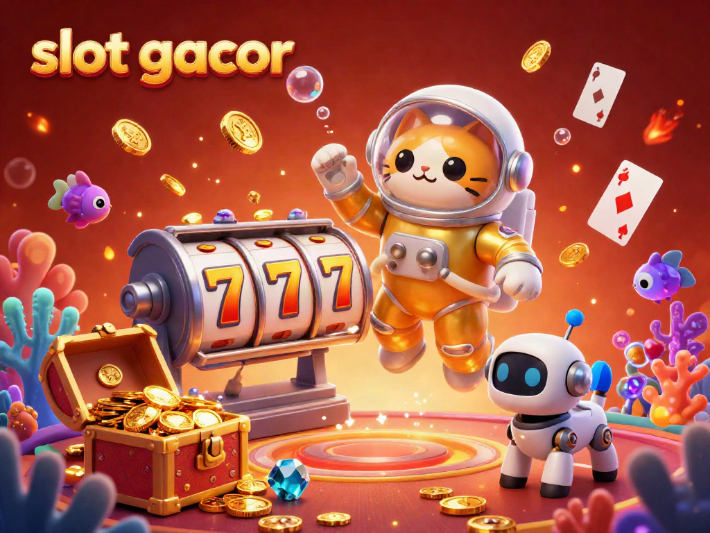 Slot gacor menampilkan kucing astronot mengambang di kasino dengan elemen permainan yang berkilauan dan harta karun.