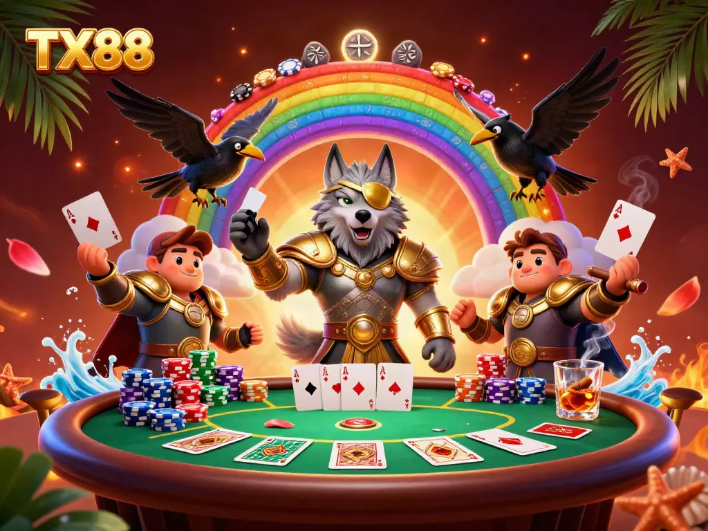 Engage in gaming excitement with TX88, showcasing a vibrant scene of Norse mythology characters amidst a dynamic poker setting.