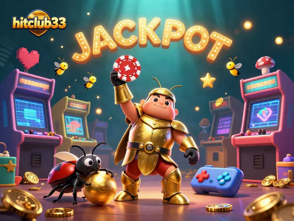 Hitclub33 jackpot celebration with 3D cartoon beetles lifting poker chip among vibrant gaming elements.
