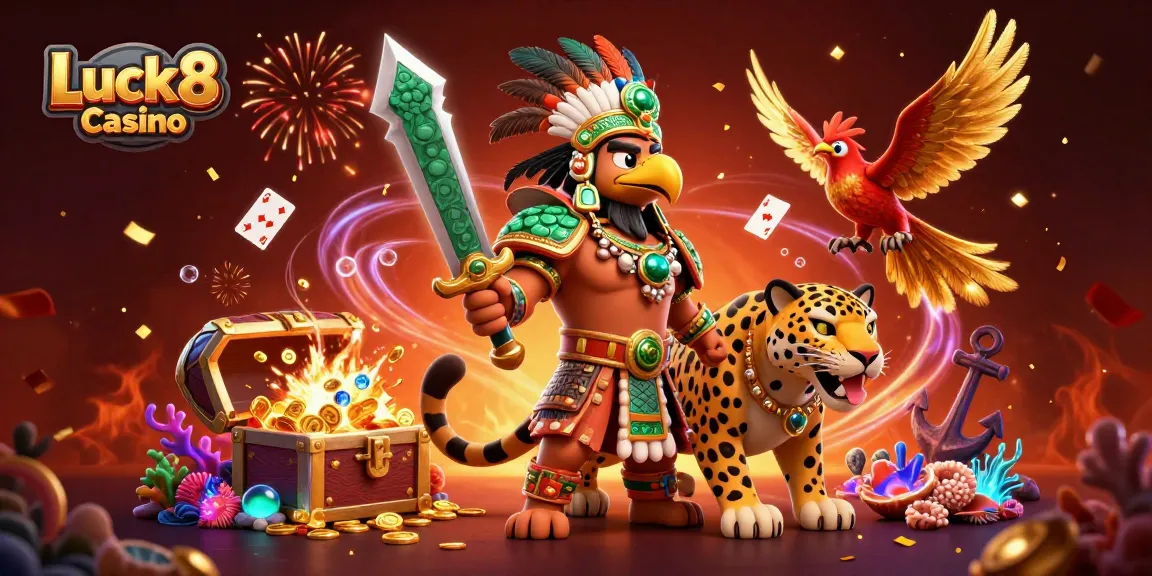 Experience the excitement at Luck8 Casino with vibrant Aztec warriors amidst casino treasures.