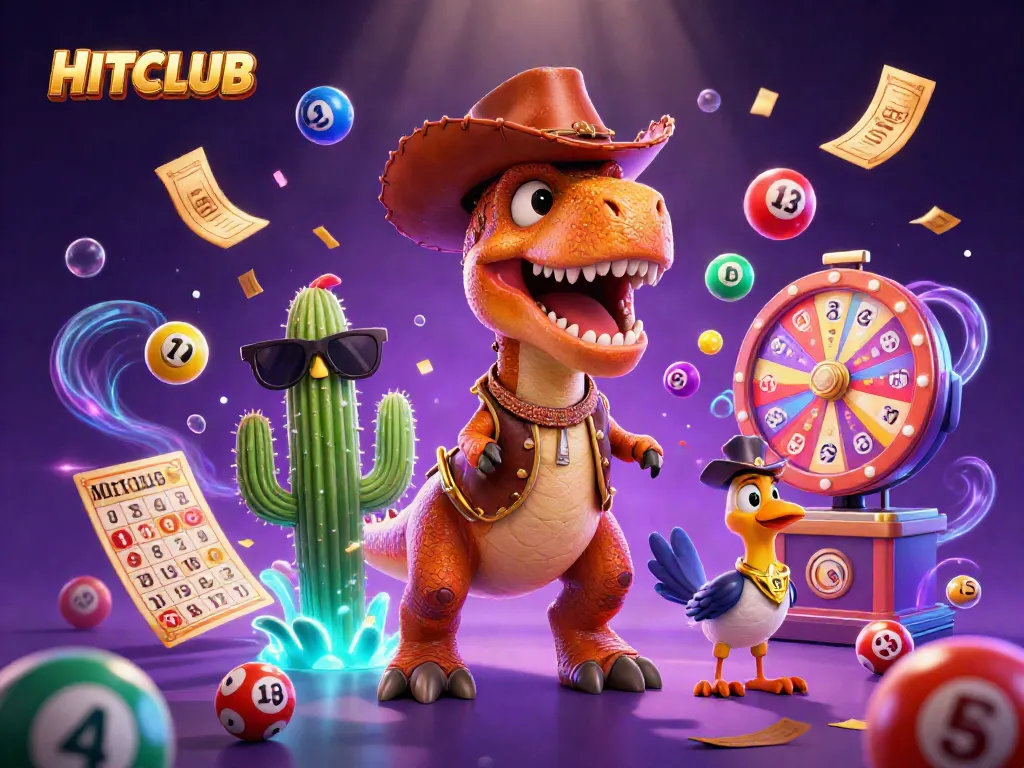 HITCLUB brings excitement with a vibrant 3D scene of a cowboy dinosaur, cactus, and roadrunner.