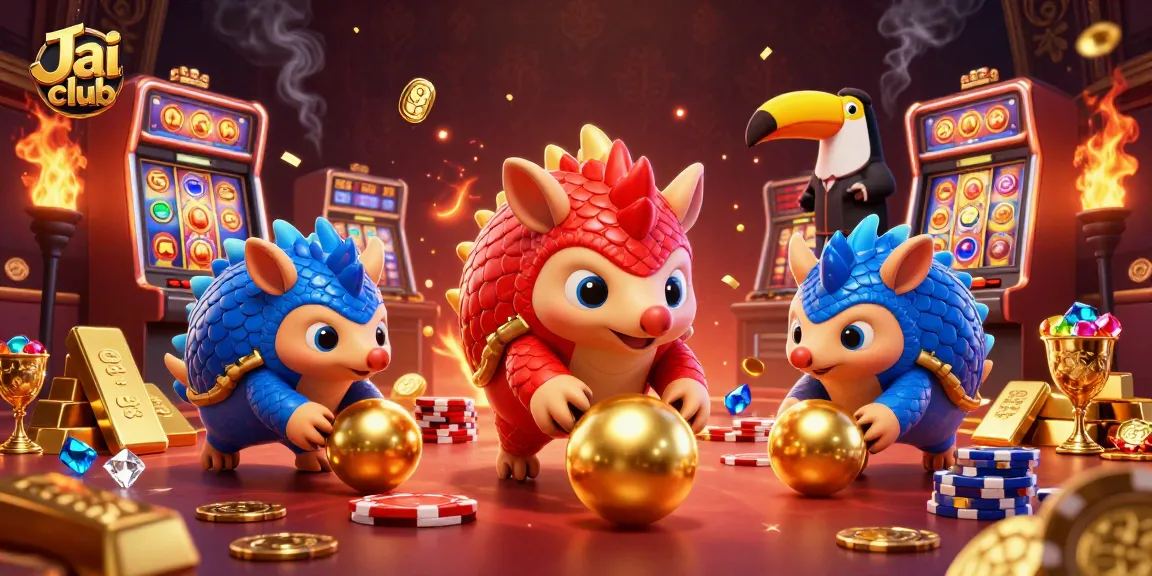 Competing pangolins roll golden balls in a vibrant Jai club casino scene filled with jewels and chips.