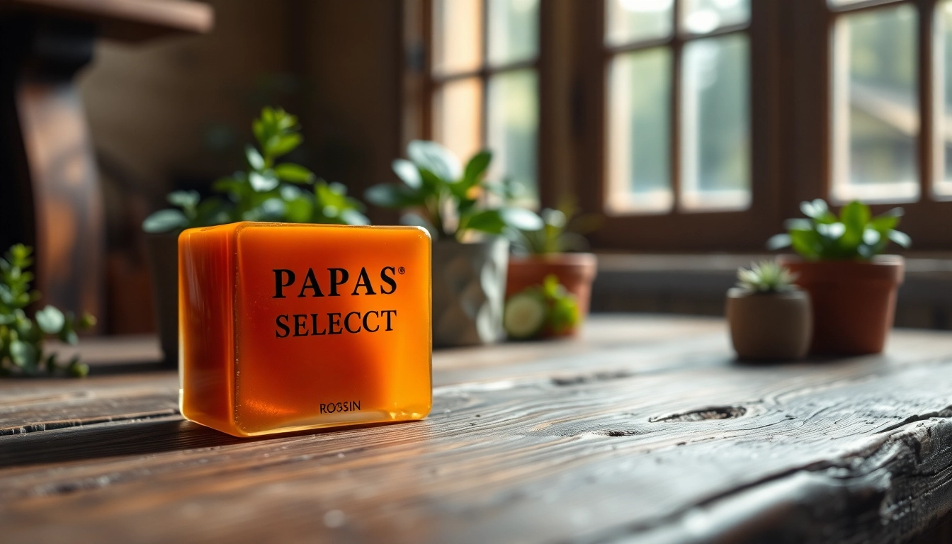 Showcase of papa's select rosin emphasizing its glossy texture and premium quality.