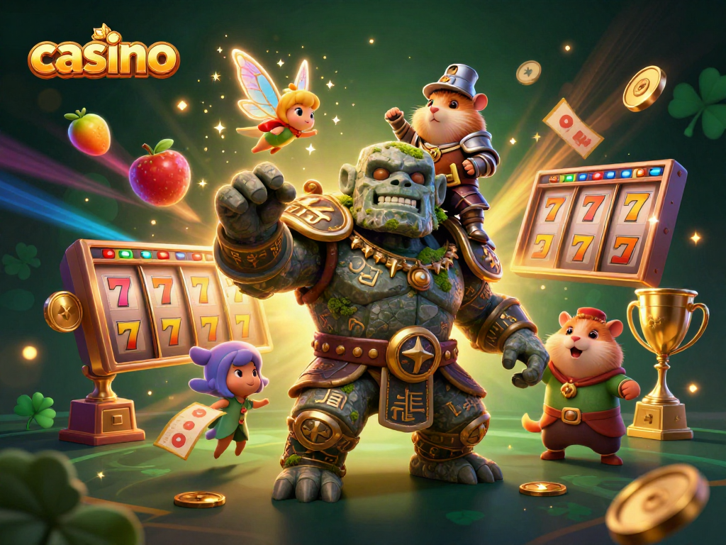 Experience the thrill of casino gaming with a vibrant illustration featuring a golem guardian and joyful gaming elements.