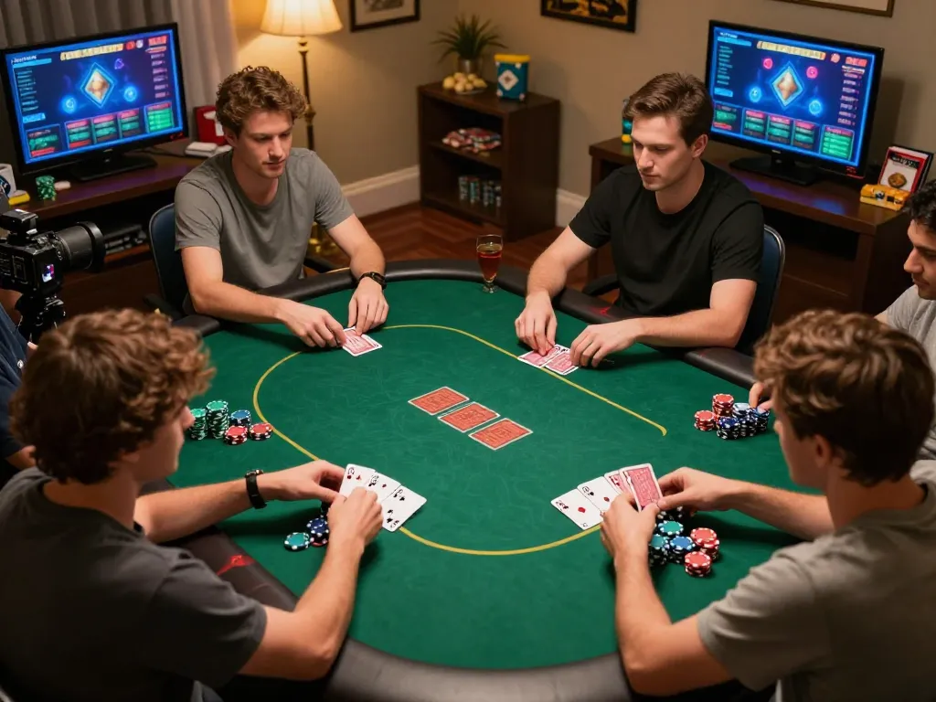 Players enjoying an engaging online poker game at home, capturing action from bags168.