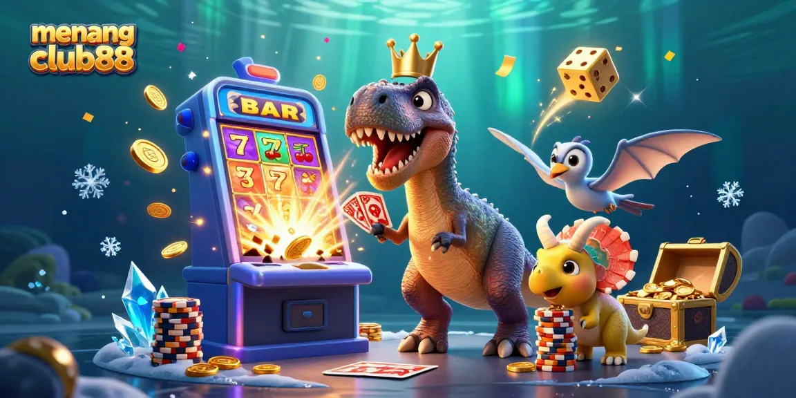 Experience the excitement of menangclub88 with a vibrant 3D illustration of characters and casino symbols.