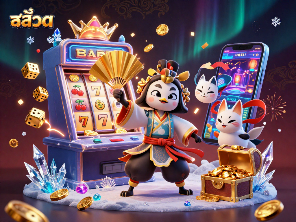 Experience the excitement of สล็อต with a vibrant 3D casino illustration featuring a kabuki warrior and slot machine.