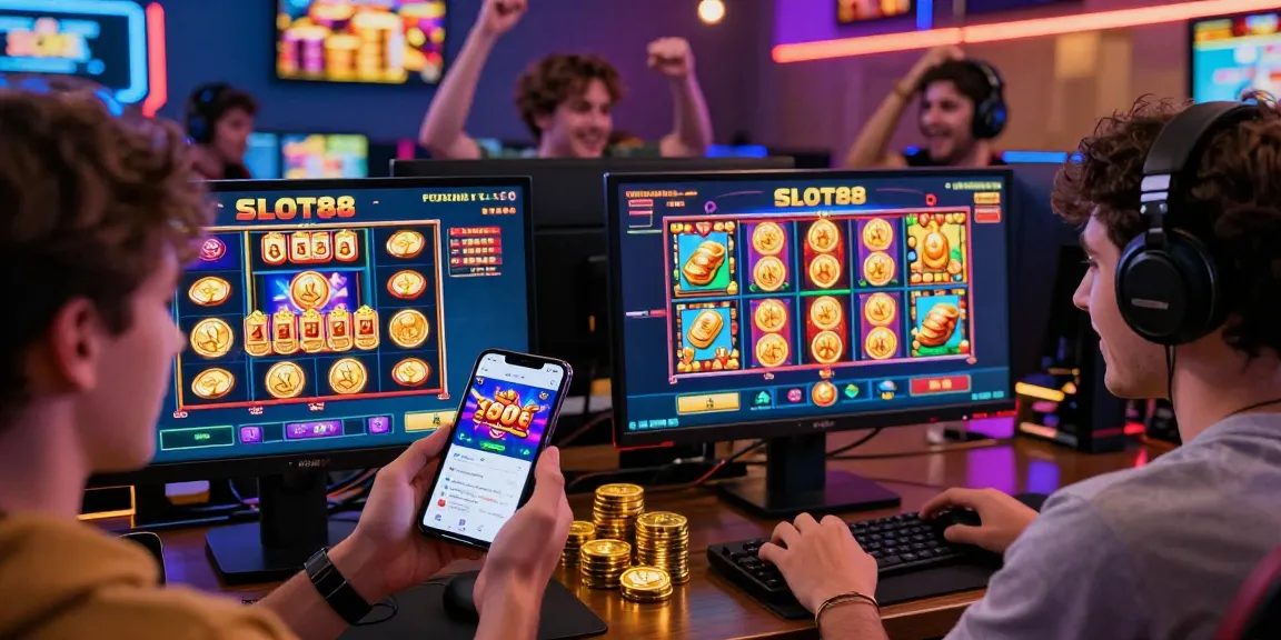 Engaging online gaming experience featuring slot88 resmi app on smartphone and desktop, showcasing vibrant graphics and lively atmosphere.