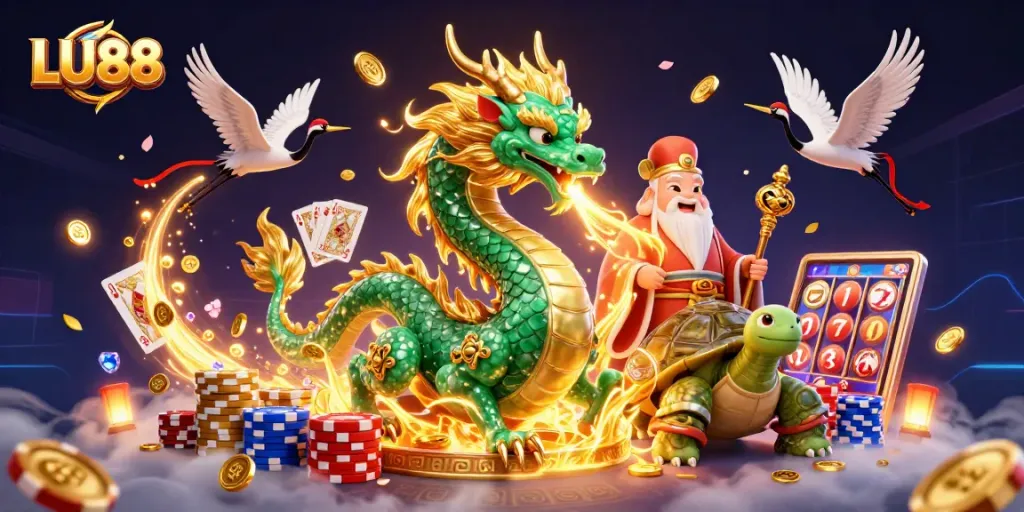 Engage with LU88 by experiencing a vibrant casino scene featuring a jade dragon and lucky symbols.