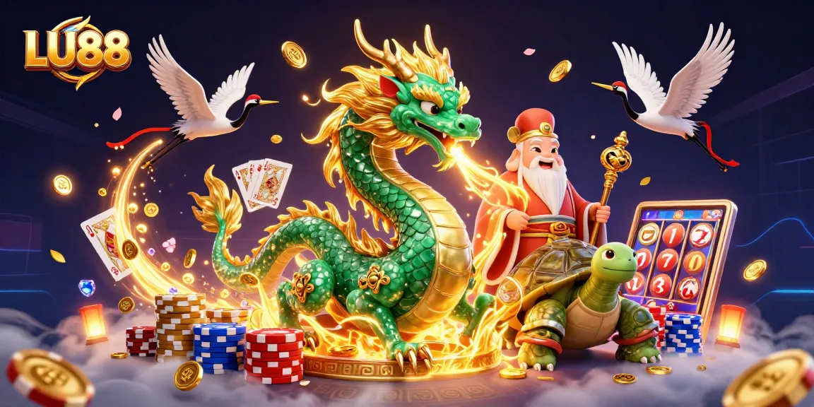Engage with LU88 by experiencing a vibrant casino scene featuring a jade dragon and lucky symbols.